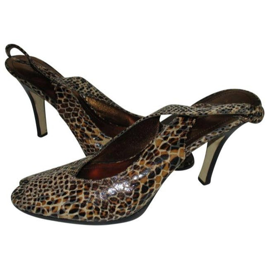 Anne Klein Taupe Ak Lizard Print Glossy Open Toe Slingback Pumps Size Us