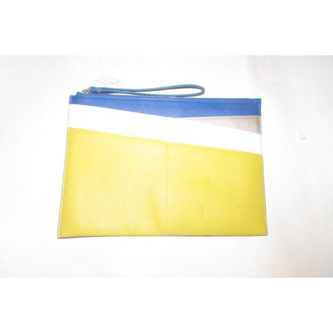 Neiman Marcus Color Block Purse Yellow Cobalt Blue Pewter And White Faux Saffiano Leather Clutch