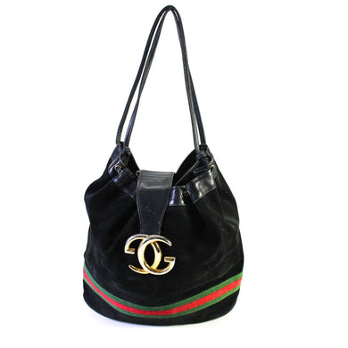 RARE, Gucci, black suede & leather, bucket bag style shoulder bag with a red & green Sherry stripe and an XL gold GG accent