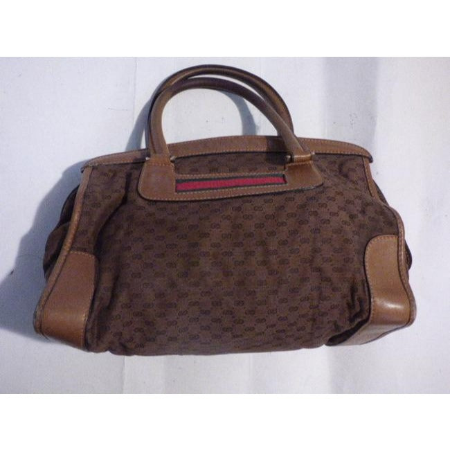 Gucci Vintage Dark Brown Small G Logo Print Fabric And Camel Leather With Red Green Stripe