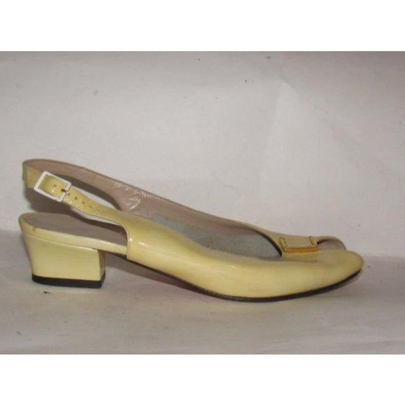 1960's, amazing, MOD Salvatore Ferragamo, size 6.5C, pale yellow patent leather, open toe, 2" chunkier heeled slingback sandals