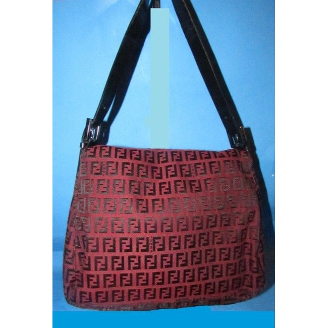 Fendi Mamma Zucco Zucchino Canvasleather Black Logo Print On Dark Red Canvas And Leather Shoulder Ba