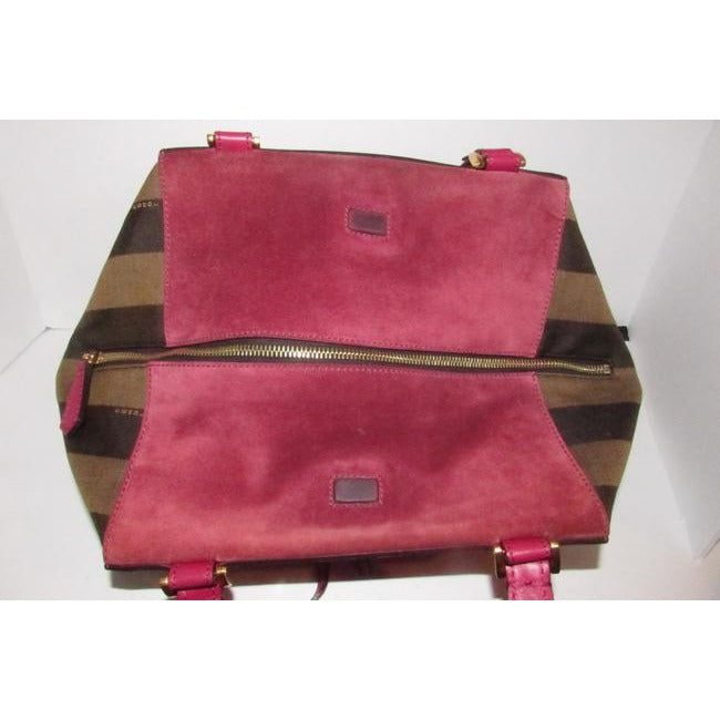 Fendi Xl Canvasleathersuede Pequin Stripemagenta Canvas And Leather Satchel