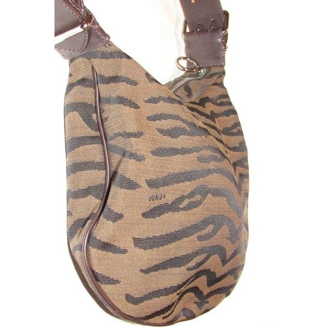 Fendi Large Oyster Style Shoulder Purse Brown And Black Tiger Print Canvas And Brown Leather Leather