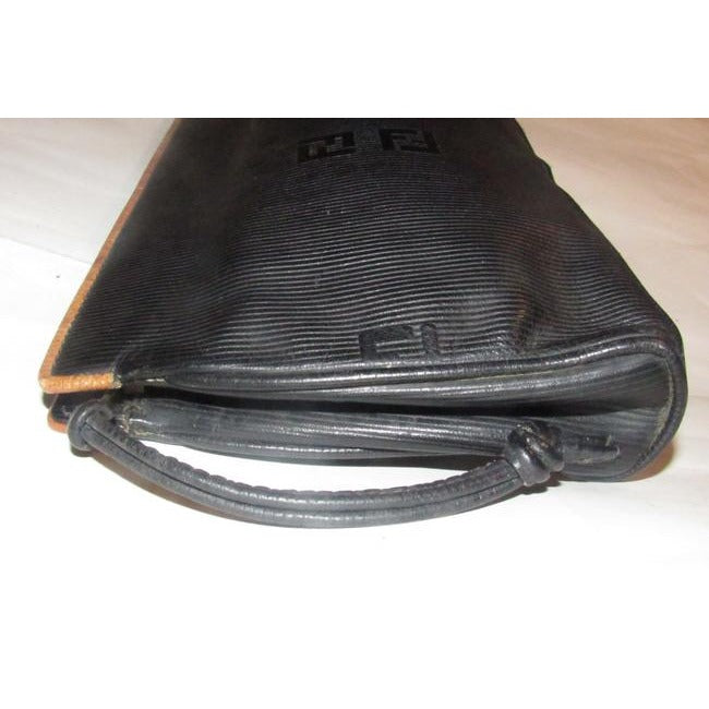 Fendi Early Sas Style Purse Black Leather With A Linear Design And Camel Trim Clutch