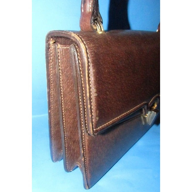 Gucci Bag Vintage Top Handle Purse Brown Leather With Contrast Stitching And Gold Accents Boar Skin