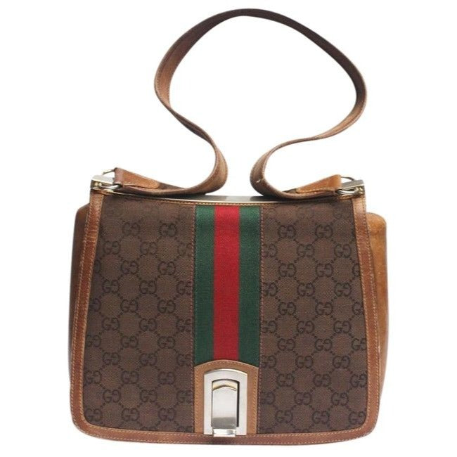 Gucci Gg Supreme Shoulder Bag W Guccissima Print Canvasleather Saddle Redgreen Sherry Stripe Brown L