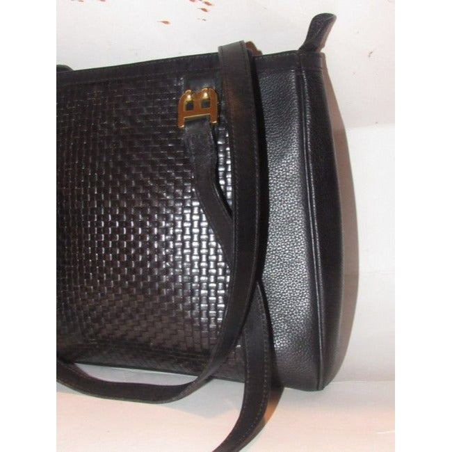 Bally Vintage Pursesdesigner Purses Black Woven And Smooth Leather Satchel