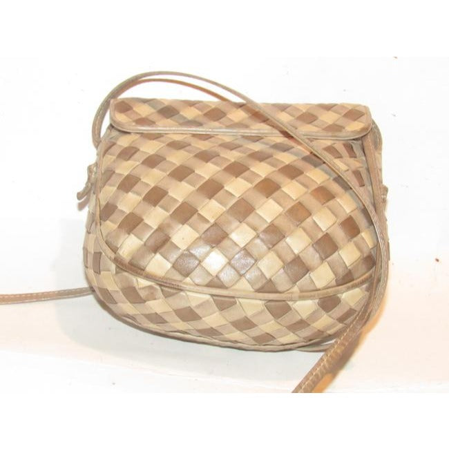 Bottega Veneta Vintage Brown Taupe And Ivory Woven Leather Shoulder Bag