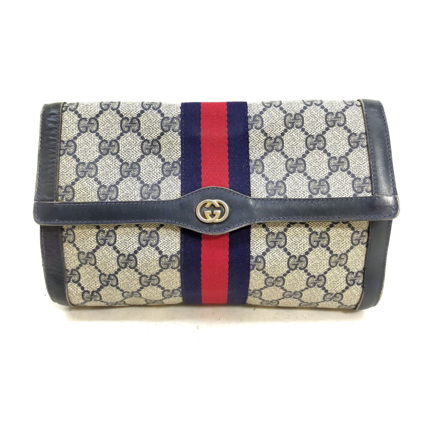 Gucci, navy Guccissima print coated canvas & leather, clutch or cosmetic bag with a red & blue Sherry striped center and envelope top