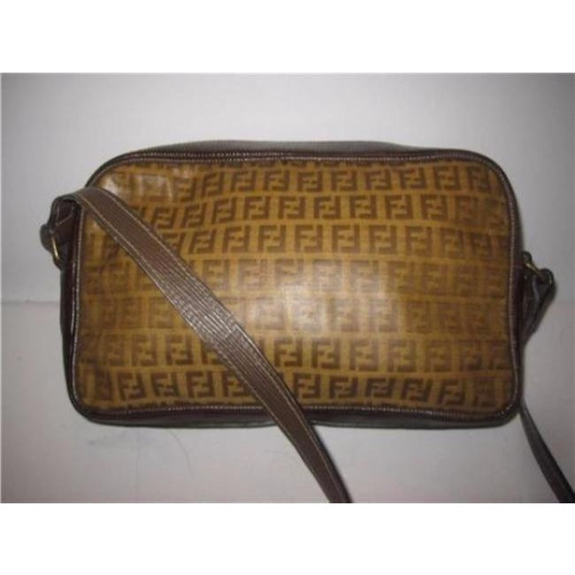 Fendi Canvasleather Cross Bodyshoulder Purse Yellow Zucchino Printbrown Leathercoated Canvas Shoulde