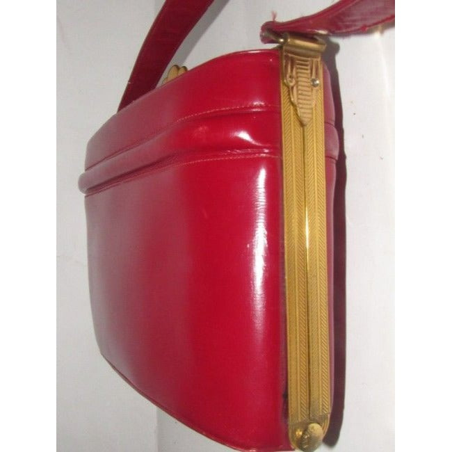 Evans Vintage True Red Leather And Engraved Gold Frame And Clasp Satchel