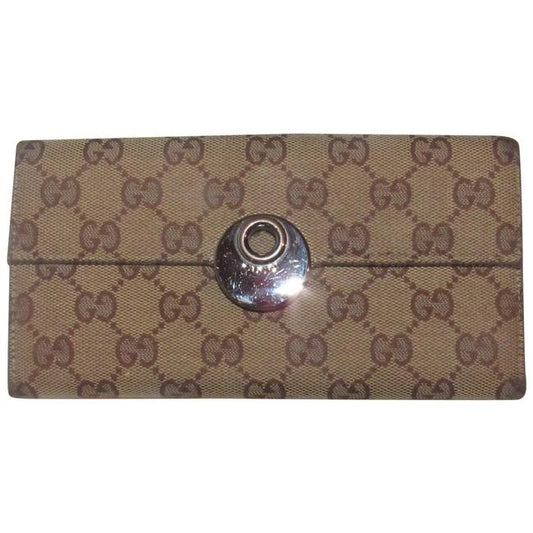 Gucci Brown Large G Logo Print Canvas And Brown Leather Vintage Wallet