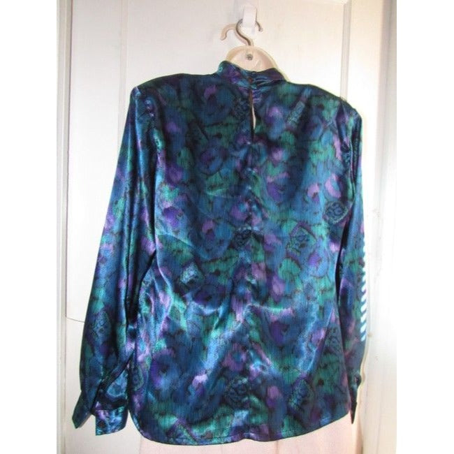 Notations Teal Green Purple And Black Peacock Print Silky Polyester Vintage Secretary Top