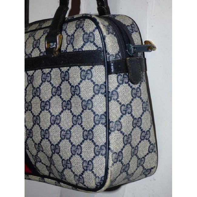 Gucci Guccissima Print Canvasleather Top Handle With Navy G Logoredblue Stripe Leathercoated Canvas