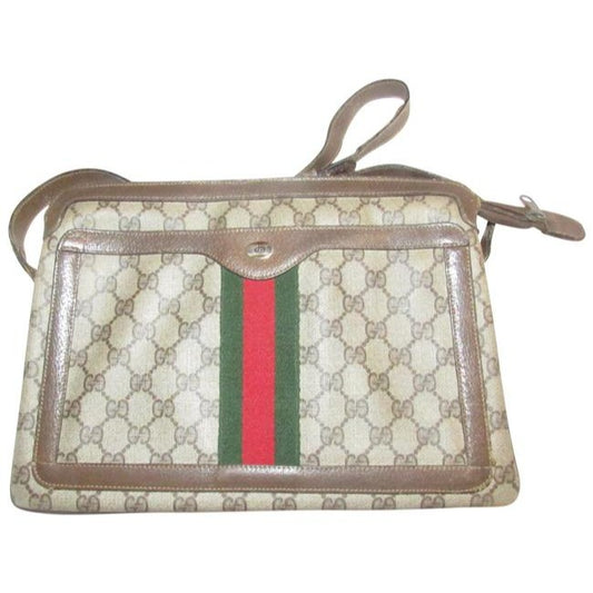 Gucci Guccissima Print Canvasleather Multi Compartment Two Way Brown Gred And Green Stripe Coated Ca