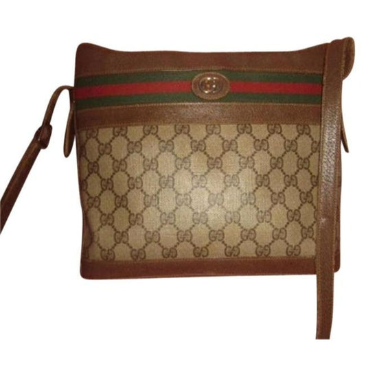 Gucci Vintage Brown Leather And Large G Logo Print Coated Canvas With Red Green Stripe