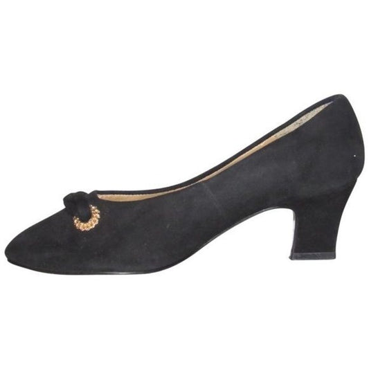 Etienne Aigner, 'Linda' style, size 5.5M, black suede and leather, 2" kitten heel, almond toe pumps with a gold tone accent at the toes!