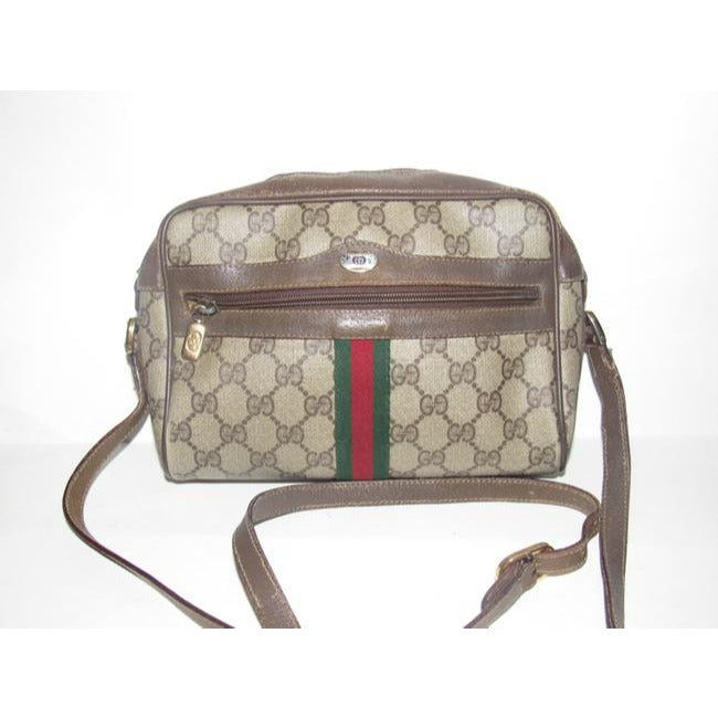 ON SALE! Gucci vintage brown Guccissima print coated canvas & brown leather, cross body with front zip pocket and red and green striped accent