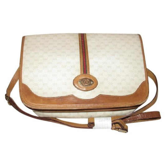 Gucci Vintage Beige With Camel Small G Logo And Red Green Stripe Leather Coated Canvas