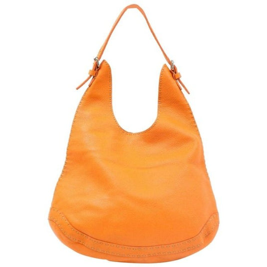 Fendi Style Shoulder Purse Orange Selleria Leather And Taupe Contrast Stitching Hobo Bag