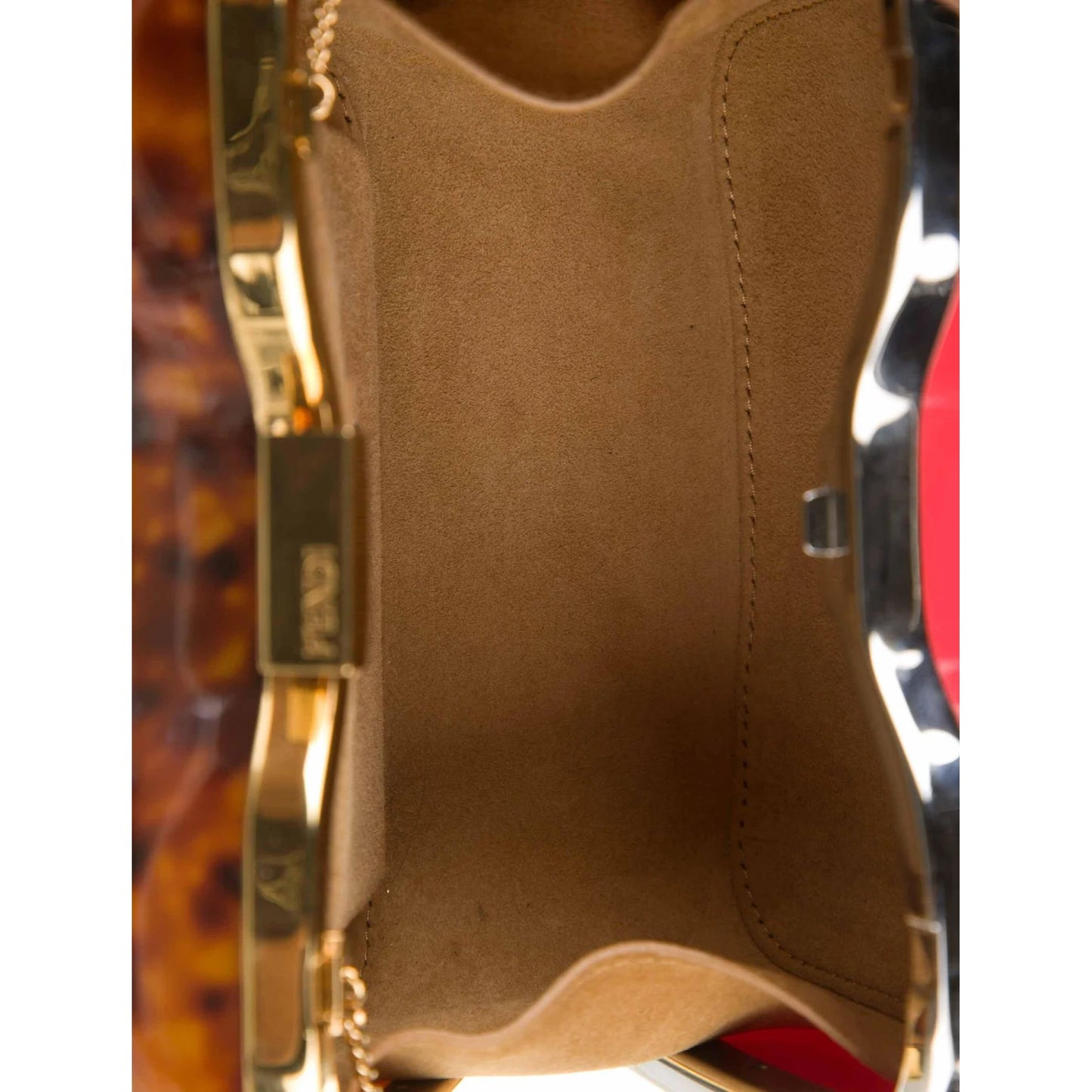 Retro, Fendi two way- clutch or cross body/shoulder clam shell style purse made of red & tortoise shell Lucite with a gold chain strap