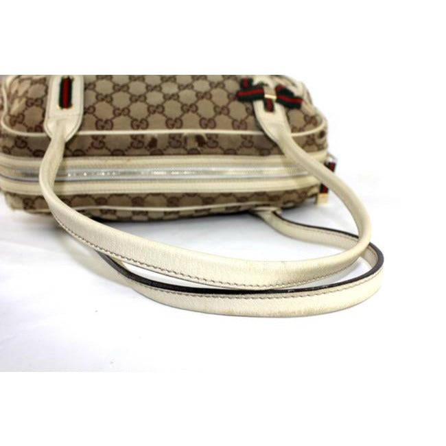 Gucci W Print Canvasleather Sherry Stripe Accents Brown Guccissimawhite Leathercanvas Satchel