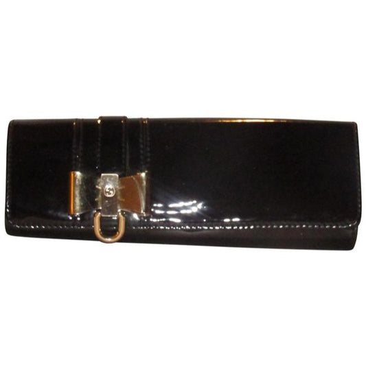 Gucci Black Patent Leather Duchessa Clutch W Gold Bow Accent