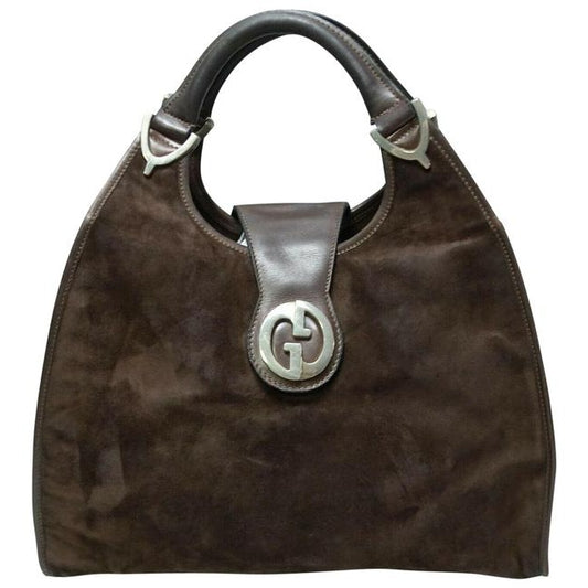 unique, Gucci, brown suede and leather, vintage '1973' top handle shoulder bag with a bold gold GG accent