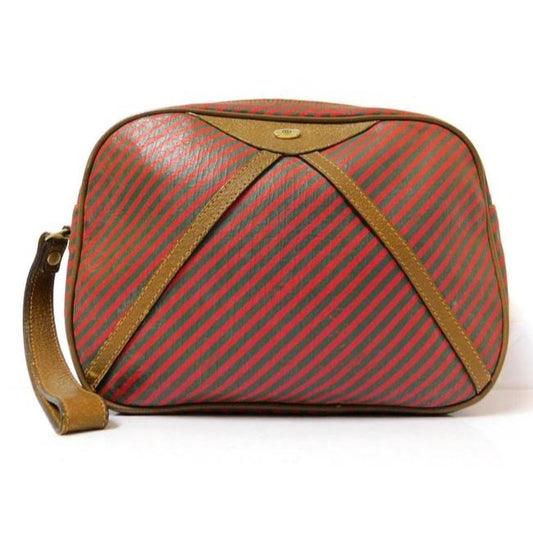 Gucci, red & green striped logo print coated canvas and brown leather clutch purse