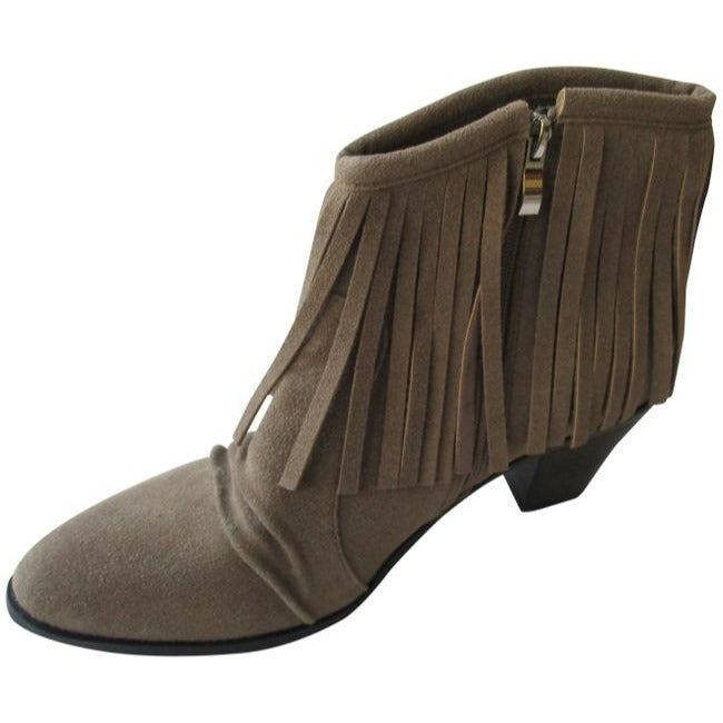 Bucco Tan Suede Round Pointed Toe Fringe Ankle Bootsbooties Size Us