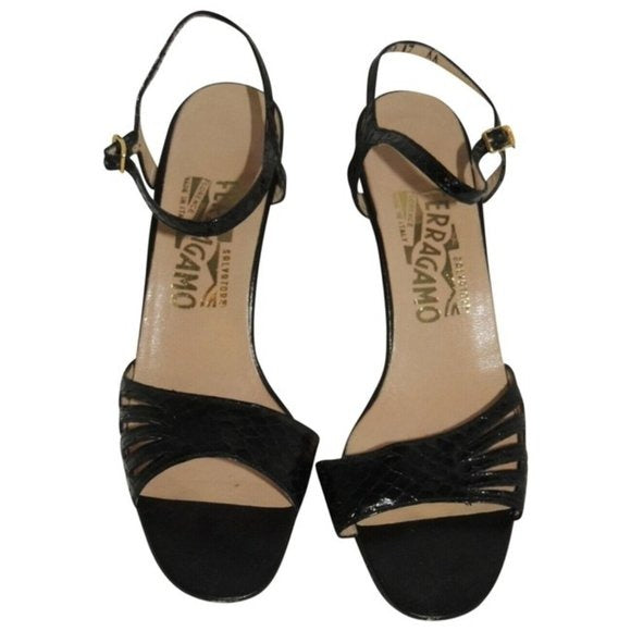 Ferragamo Black Snakeskin Leather Open Toe Sandals