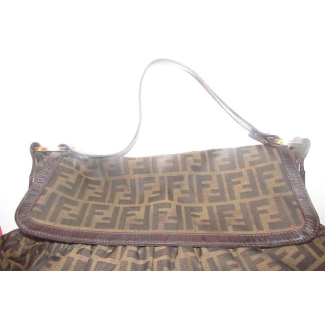 Fendi Xl Ruched Canvasleather Chef Style Tobacco Zucco Print Leather And Canvas Shoulder Bag