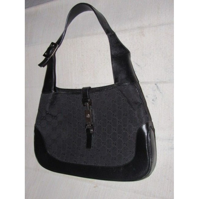 Gucci Jackie Black Charcoal Gray Leather Canvas Hobo Bag