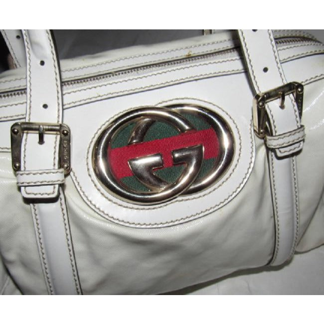 Gucci White Leather Blondie Satchel W Bold Gold GG