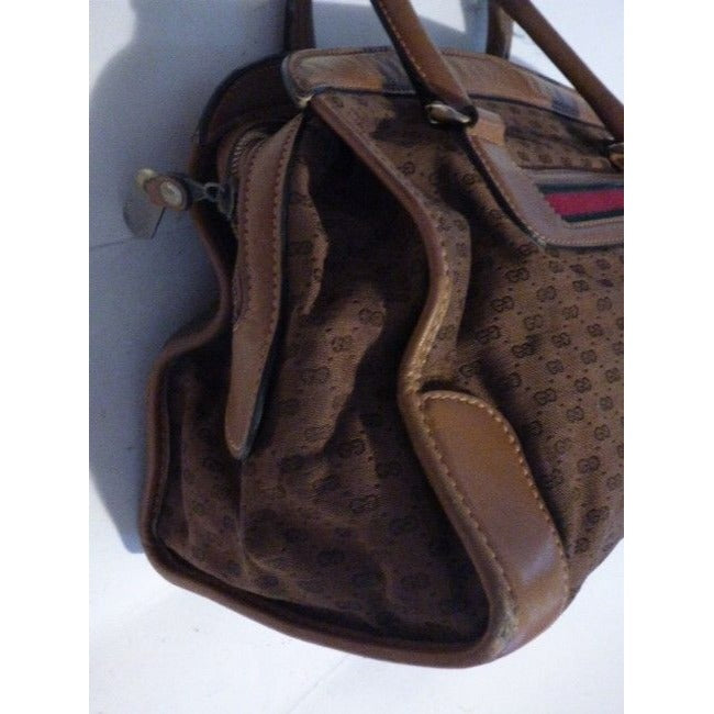 Gucci Vintage Dark Brown Small G Logo Print Fabric And Camel Leather With Red Green Stripe