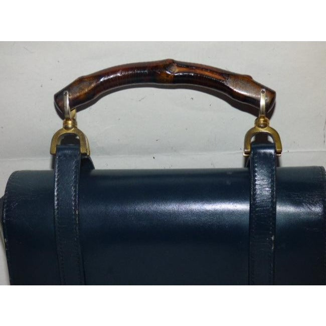 Gucci Vintage Navy Blue Leather And Bamboo Handle Satchel