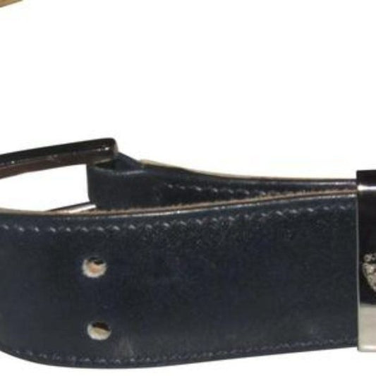 Early Gucci, navy leather belt w embossed Gucci logo print