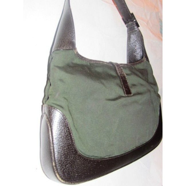 Gucci Vintage Olive Green Canvas And Brown Leather Hobo Bag