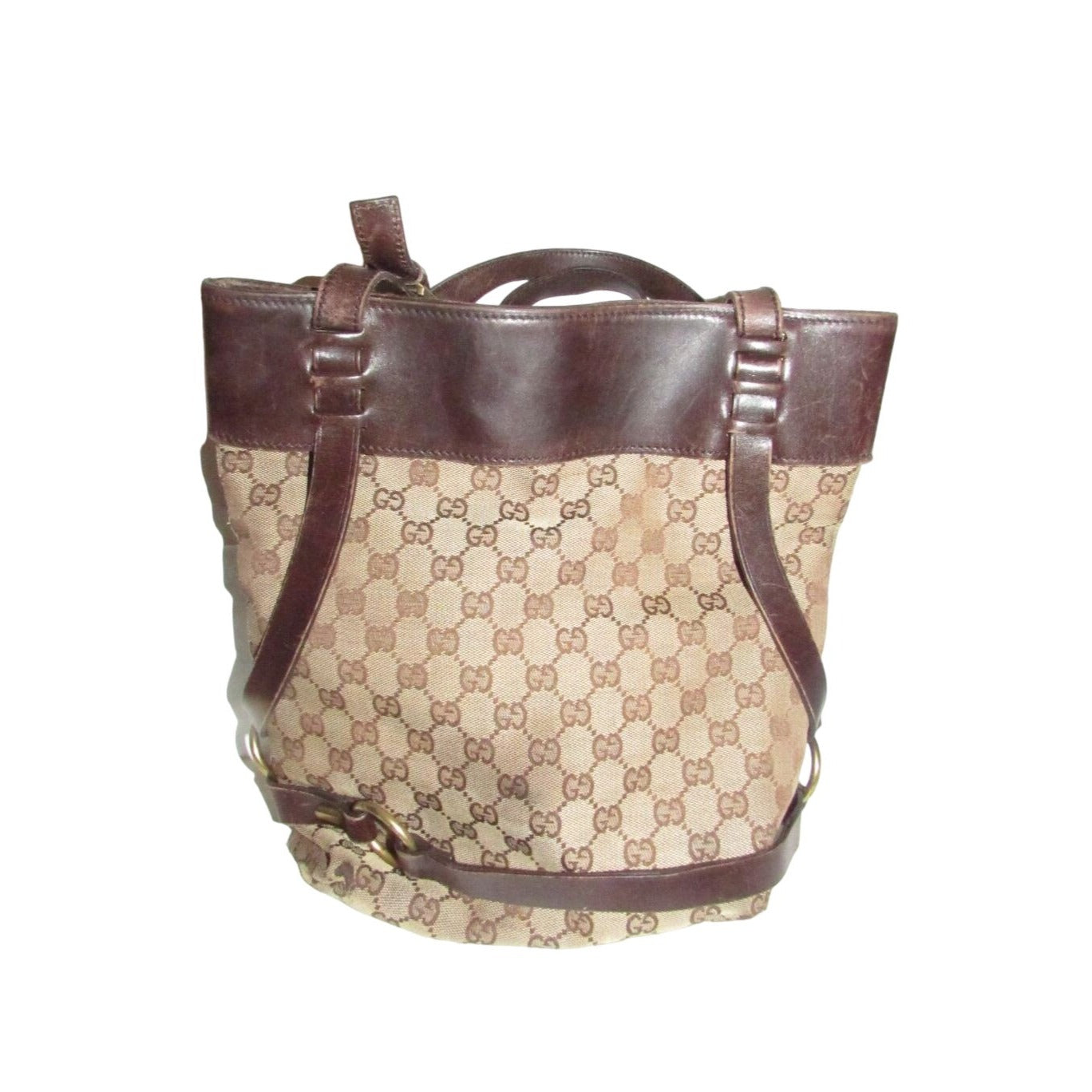 Gucci brown Guccissima print canvas & leather strappy cylindrical tote with brass accents