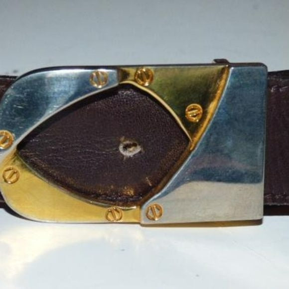 Gucci brown/burgundy leather belt w two-tone equestrian buckle