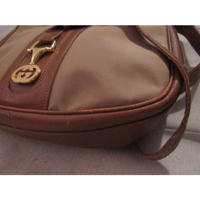 Gucci Vintage Tan Canvas Medium Brown Leather With Elaborate Center Clasp Leather