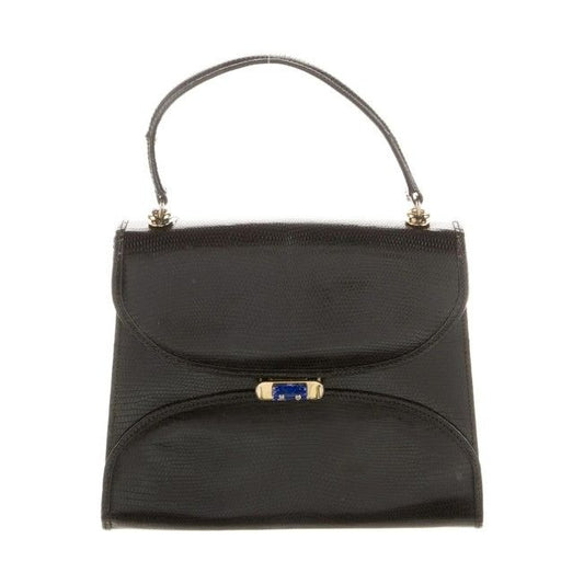 1960's Gucci black lizard top handle Kelly bag w blue lapis clasp