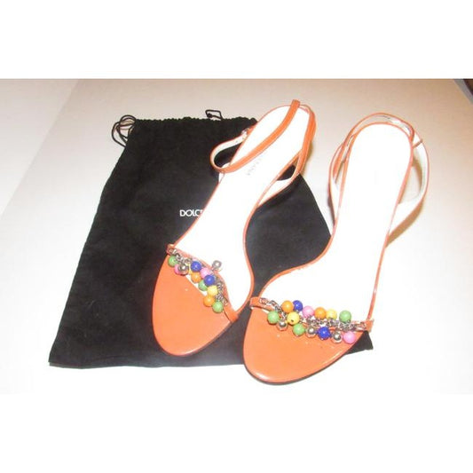 Dolce & Gabbana, new/unworn, dressier, strappy sandals or heels made of tangerine orange leather with colorful beads