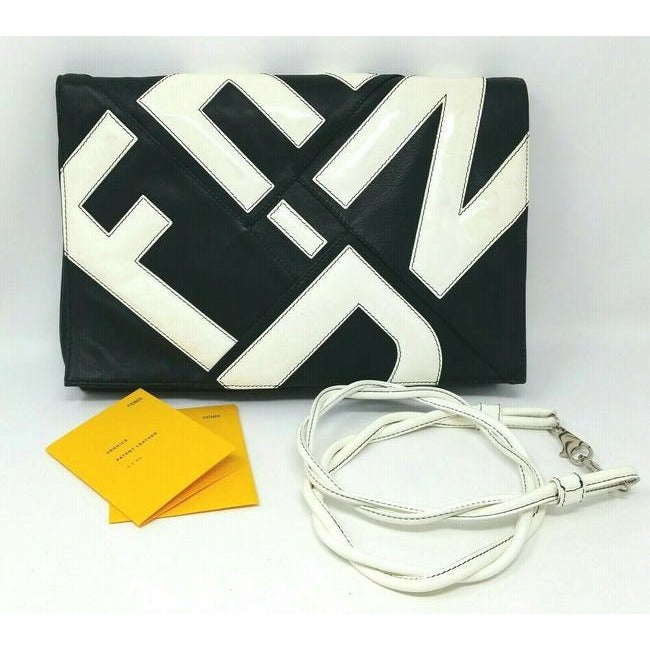 Fendi Clutch W Two Way Envelope Bagclutch Logo Black Leatherwhite Patent Shoulder Bag
