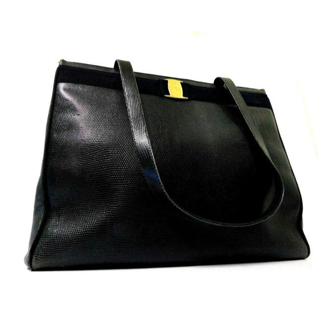 Salvatore Ferragamo Xl Style Purse Black Textured Leather With Gold Vara Accent Lizard Embossed Satc