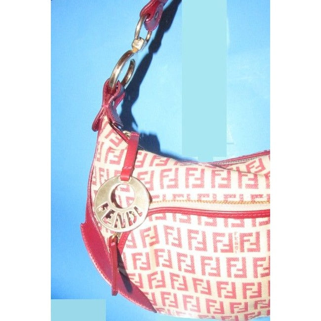 Fendi Chef Shoulder Purse Red Zucchino Print On Tan Leather And Canvas Hobo Bag