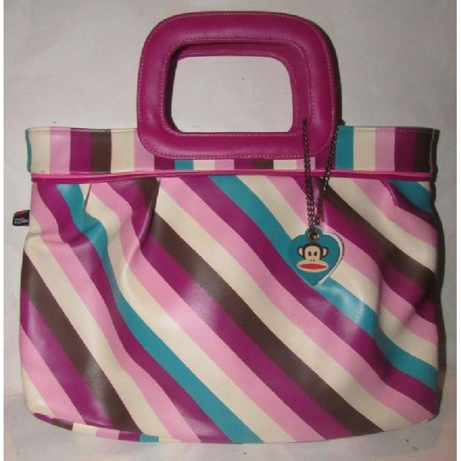 Paul Frank Pursesdesigner Purses Ivory Turquoise Plum And Lavender Striped Print Pvc Tote