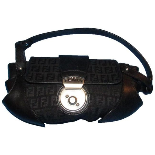 Fendi black Zucchino print canvas & black leather Compilation purse with brushed chrome accents