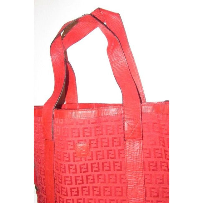 Fendi Early Xl Satchel Purses Red Zucchino Or Small F Logo Print Canvas And Red Leather Tote